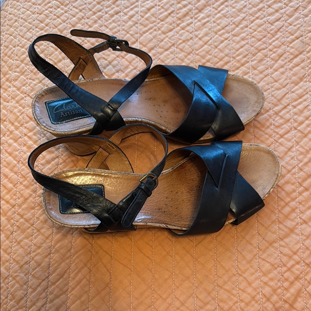 Clarks Black Wedge Shoes with Strappy Design